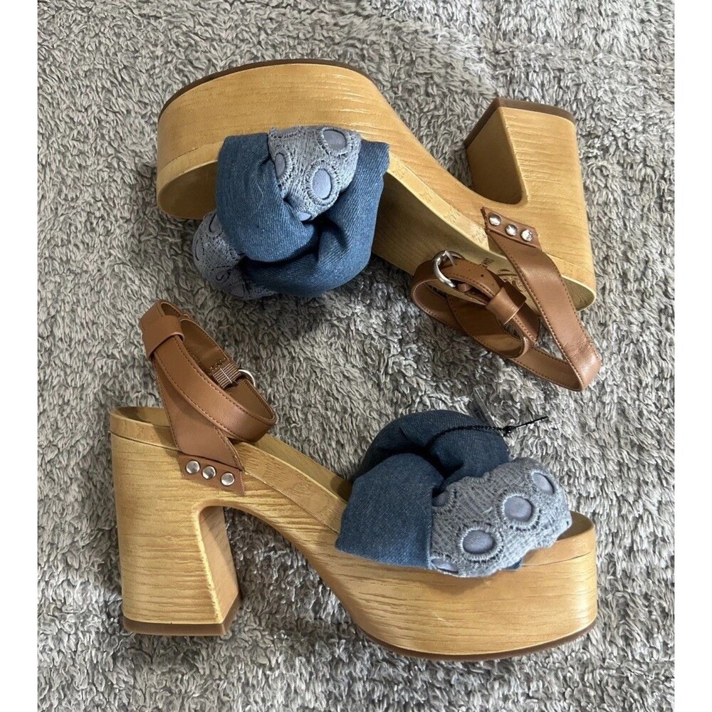Sam and Libby wooden denim clogged mule sandals 9.5 NWOT